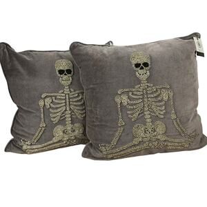 2 Mortar & Bone Gray Velvet 20x20 Throw Pillow with Beaded Skeleton Zip Closure